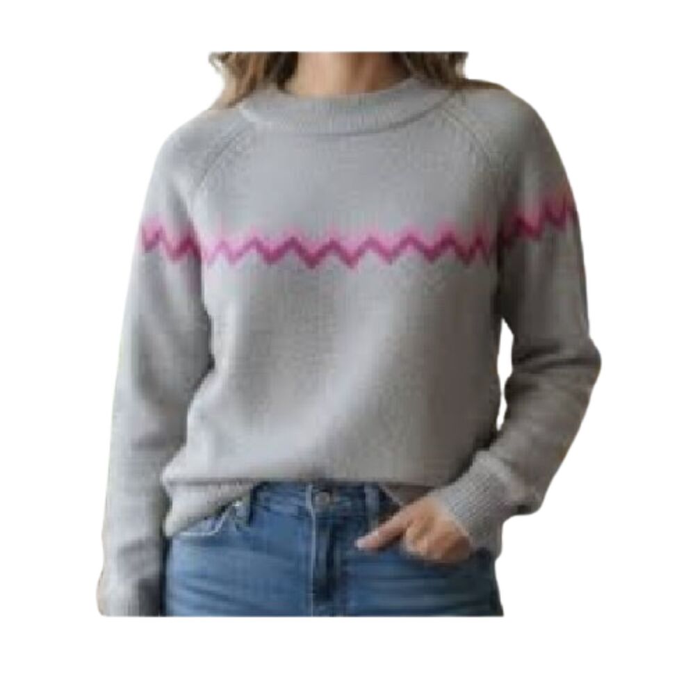Saks Fifth Avenue Grey Pink Zig Zag Wool Cashmere Mock Neck Sweater Small